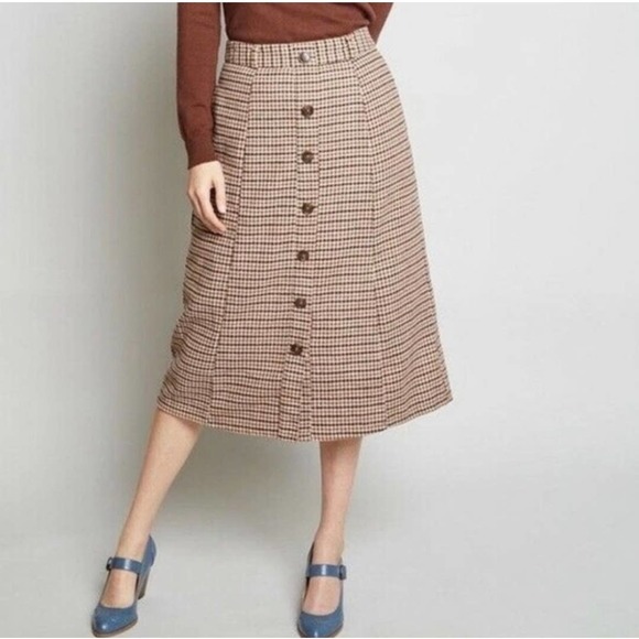Modcloth Houndstooth Tweed High Waist Wool Button Front Retro Midi Skirt XXS - Picture 1 of 5